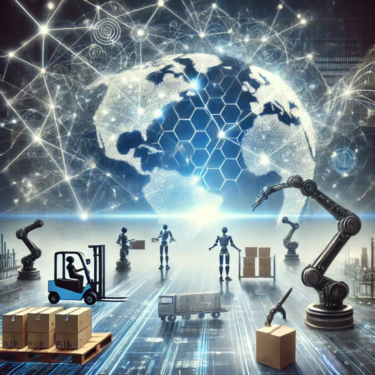 Imagem de capa ilustrativa para o artigo sobre Inteligência Artificial aplicada ao Supply Chain, destacando elementos modernos de tecnologia e logística, como gráficos de dados, engrenagens e uma rede global conectada.