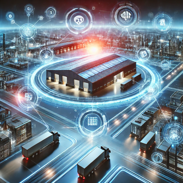 Representação digital futurista de um gêmeo digital em uma cadeia de suprimentos, mostrando conexões de dados em tempo real com armazéns, fábricas e transporte.